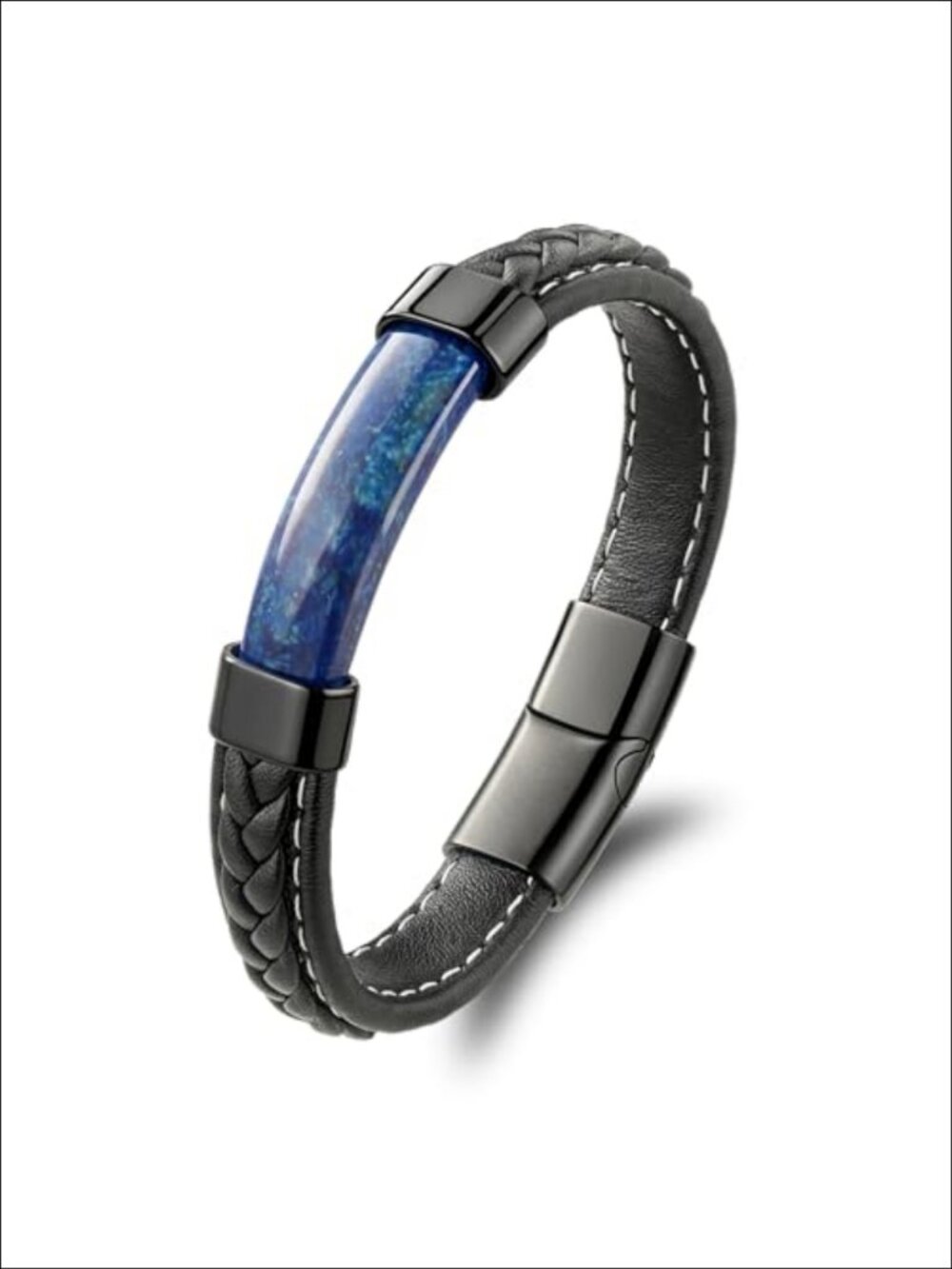 Men's Braided Leather Multi-Layer Cuff Bracelet with Gemstone Beads & Stainless